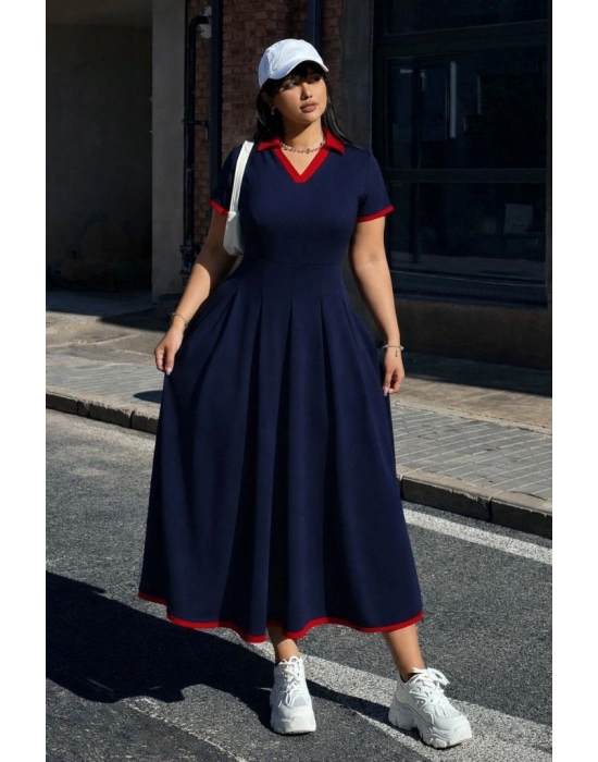 Kadın Kısa Kollu V Yakalı Pileli Uzun Janjan Krep Elbise