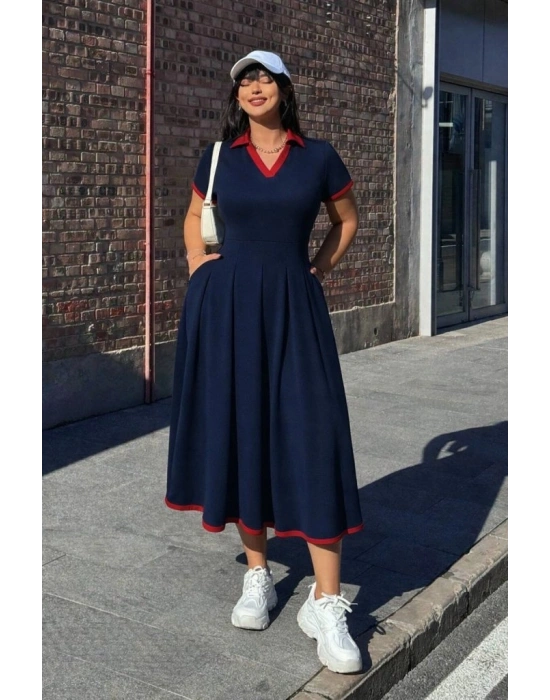 Kadın Kısa Kollu V Yakalı Pileli Uzun Janjan Krep Elbise