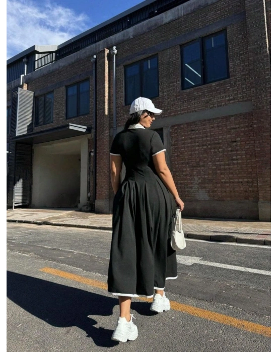 Kadın Kısa Kollu V Yakalı Pileli Uzun Janjan Krep Elbise