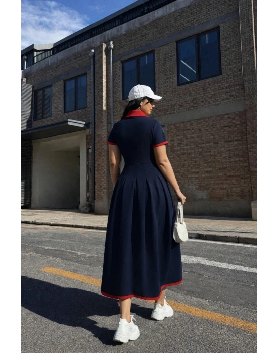 Kadın Kısa Kollu V Yakalı Pileli Uzun Janjan Krep Elbise