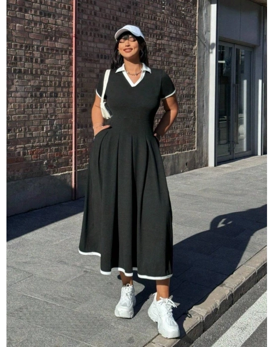 Kadın Kısa Kollu V Yakalı Pileli Uzun Janjan Krep Elbise