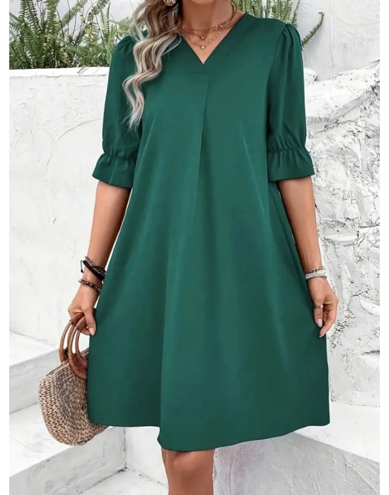 Kadın Kısa Kollu V Yakalı Salaş Janjan Krep Elbise