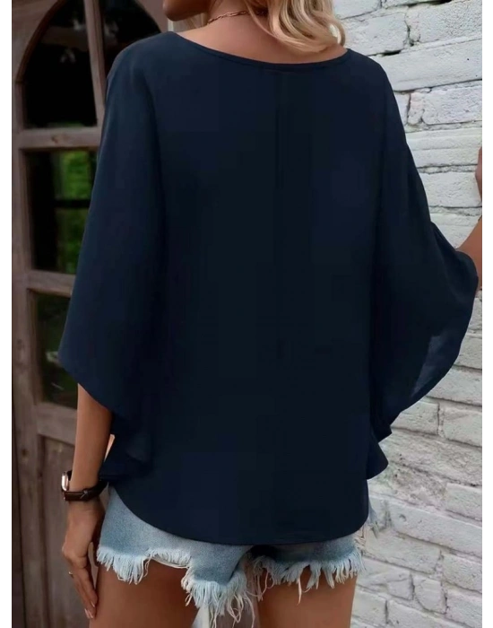 Kadın Kısa Kollu V Yakalı Salaş Viskon Bluz