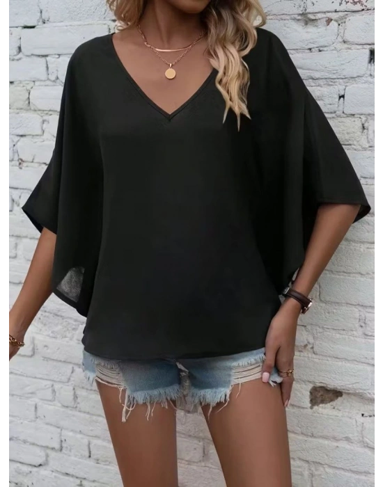 Kadın Kısa Kollu V Yakalı Salaş Viskon Bluz