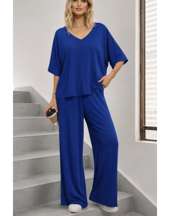 Kadın Kısa Kollu V Yakalı Viskon Bluz Ve Pantolon Ikili Takım