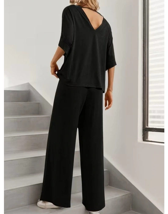 Kadın Kısa Kollu V Yakalı Viskon Bluz Ve Pantolon Ikili Takım