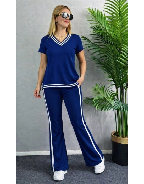 Kadın Kısa Kollu V Yakalı Viskon Iki Iplik Bluz Ve Pantolon Ikili Takım