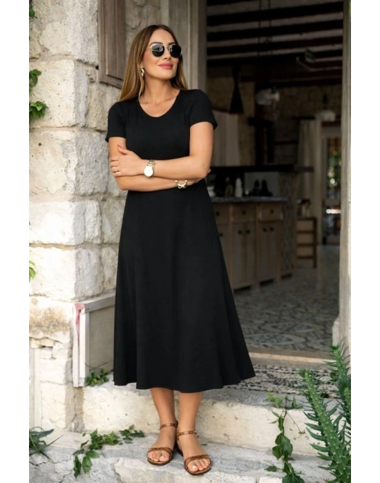 Kadın Kısa Kollu V Yakalı Yırtmaçlı Midi Viskon Elbise