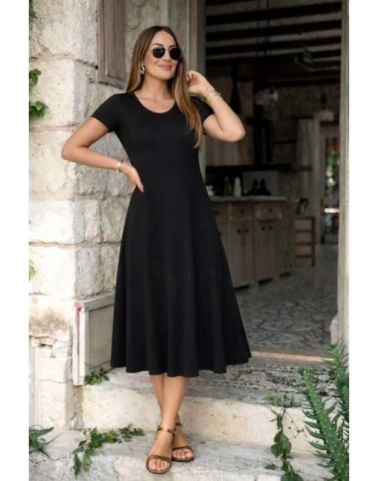 Kadın Kısa Kollu V Yakalı Yırtmaçlı Midi Viskon Elbise