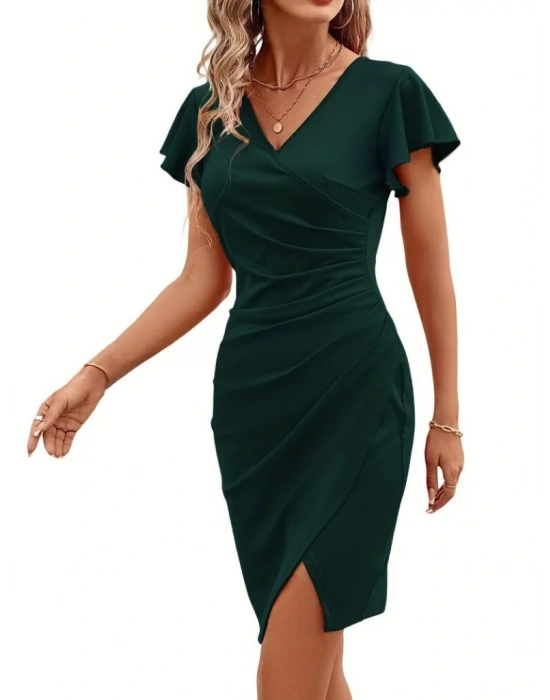 Kadın Kısa Kollu Volanlı Kruvaze Yaka Yanlardan Büzgülü Ithal Krep Elbise