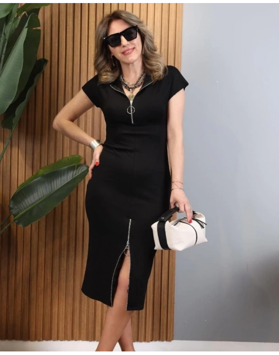 Kadın Kısa Kollu Yakadan Ve Eteği Fermuarlı Viskon Iki Iplik Midi Elbise