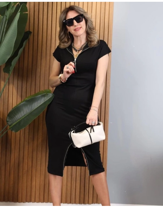 Kadın Kısa Kollu Yakadan Ve Eteği Fermuarlı Viskon Iki Iplik Midi Elbise