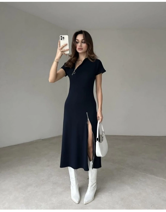 Kadın Kısa Kollu Yakadan Ve Etekten Fermuarlı Midi Viskon Iki Iplik Elbise