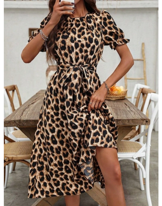 Kadın Kısa Kollu Yakalı Belden Kuşaklı Leopar Desenli Midi Süprem Elbise