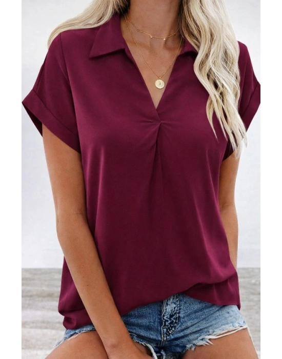 Kadın Kısa Kollu Yakalı Dokuma Viskon Bluz