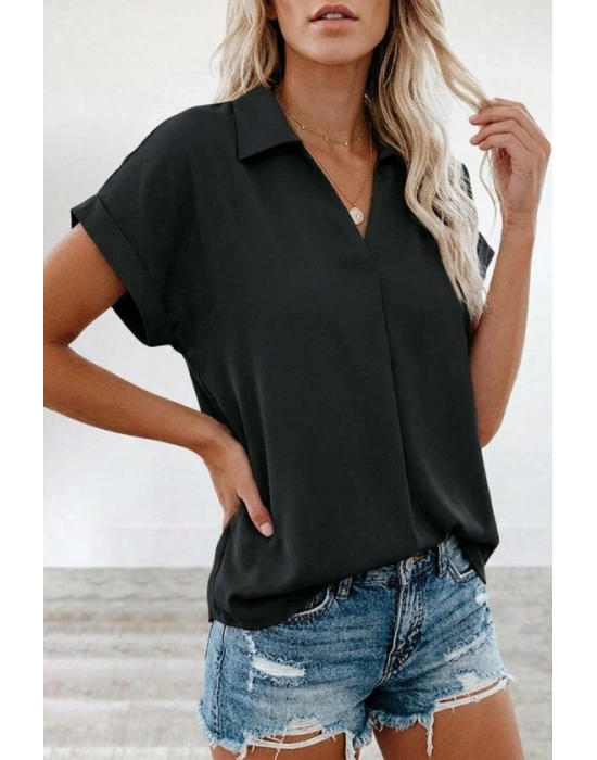 Kadın Kısa Kollu Yakalı Dokuma Viskon Bluz