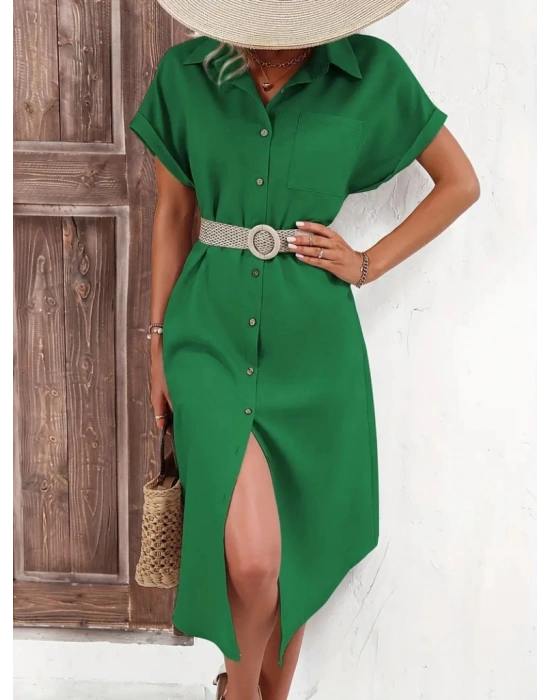 Kadın Kısa Kollu Yakalı Düğme Detay Midi Dokuma Elbise