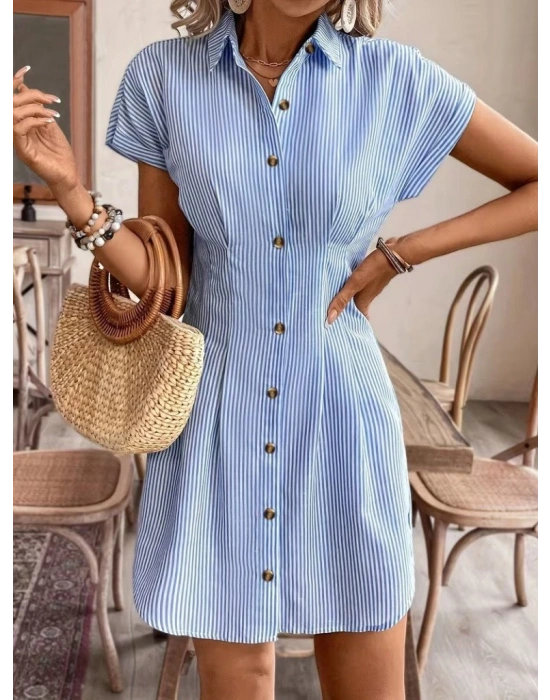 Kadın Kısa Kollu Yakalı önden Düğmeli Kısa Trikoton Elbise