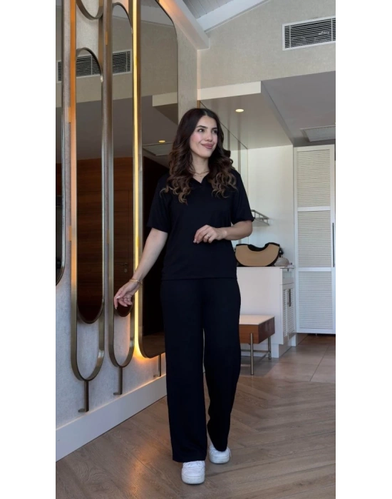 Kadın Kısa Kollu Yakalı Viskon Iki Iplik Bluz Ve Pantolon Ikili Takım