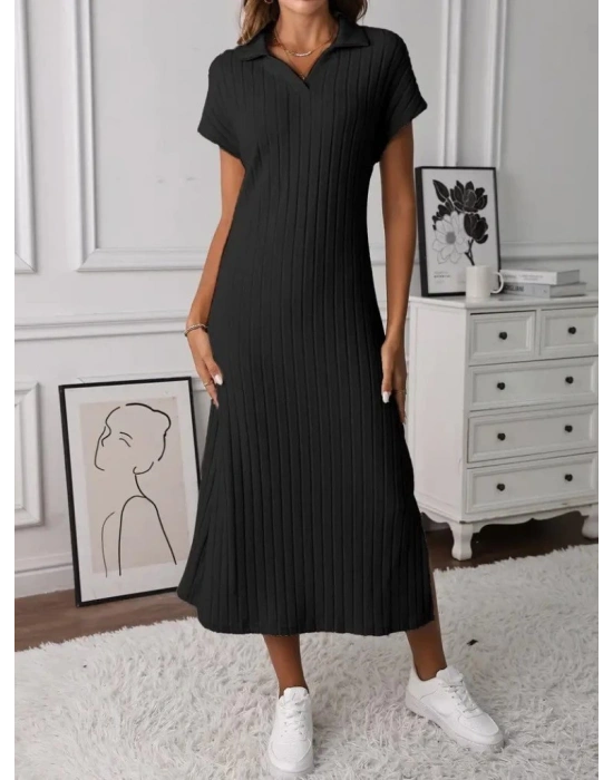 Kadın Kısa Kollu Yakalı Yandan Yırtmaçlı Kalın Fitilli Kaşkorse Elbise