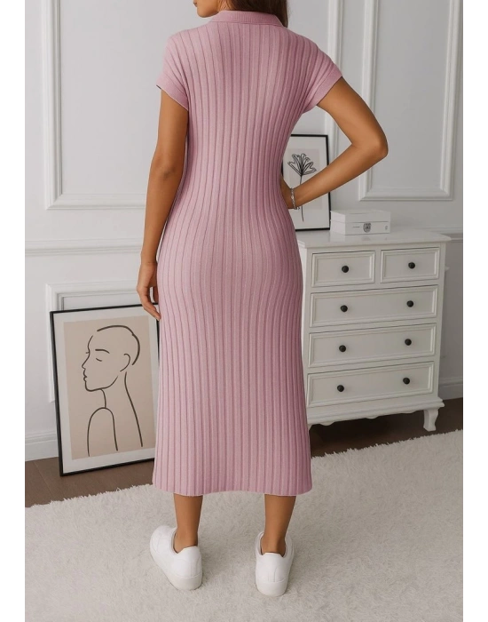 Kadın Kısa Kollu Yakalı Yandan Yırtmaçlı Kalın Fitilli Kaşkorse Elbise