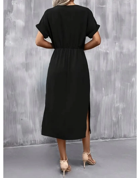 Kadın Kısa Kollu Yakası Açık Belden Bağlamalı Yırtmaçlı Viskon Elbise