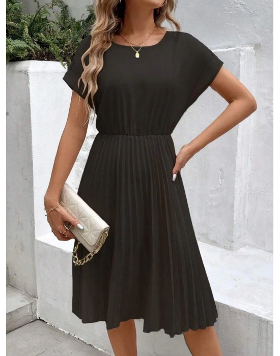 Kadın Kısa Kollu Yakası Açık Belden Lastikli Pileli Kısa Ithal Krep Elbise