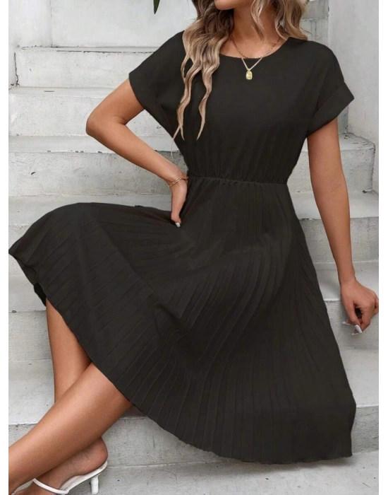 Kadın Kısa Kollu Yakası Açık Belden Lastikli Pileli Kısa Ithal Krep Elbise