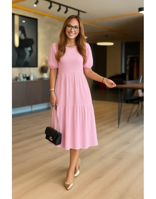 Kadın Kısa Kollu Yakası Açık Katlı Bürümcük Balon Elbise