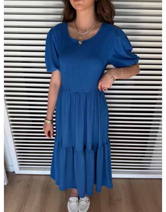 Kadın Kısa Kollu Yakası Açık Katlı Bürümcük Balon Elbise