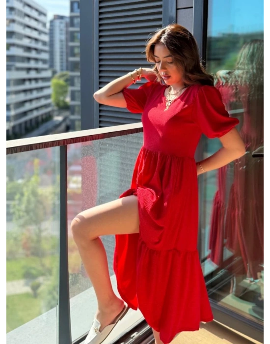 Kadın Kısa Kollu Yakası Açık Katlı Bürümcük Balon Elbise