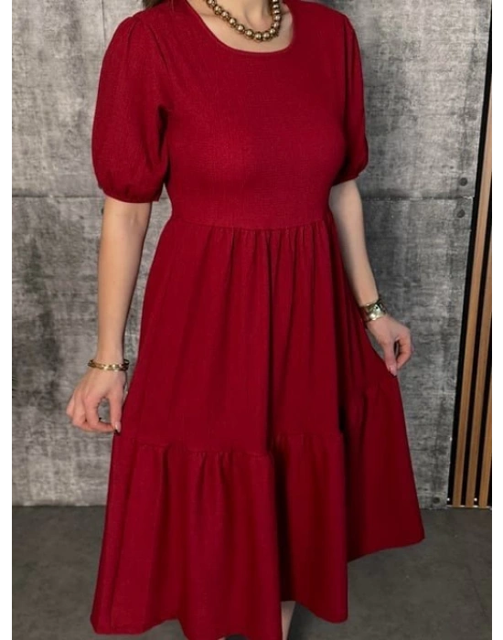 Kadın Kısa Kollu Yakası Açık Katlı Bürümcük Balon Elbise