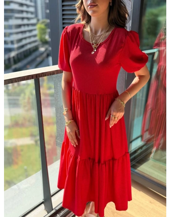 Kadın Kısa Kollu Yakası Açık Katlı Bürümcük Balon Elbise