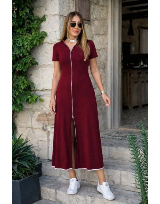 Kadın Kısa Kollu Yakası Açık önden Fermuarlı Kiloş Midi Viskon Elbise