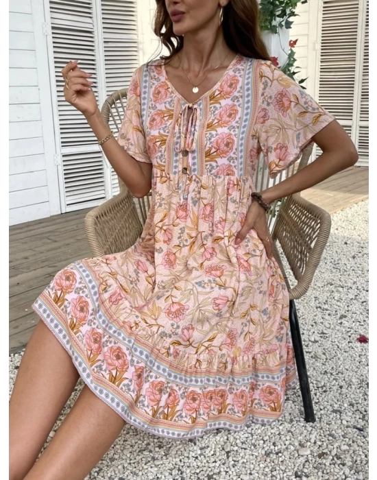 Kadın Kısa Kollu Yakası Bağcıklı önden Düğmeli Fırfır Desenli Süprem Elbise