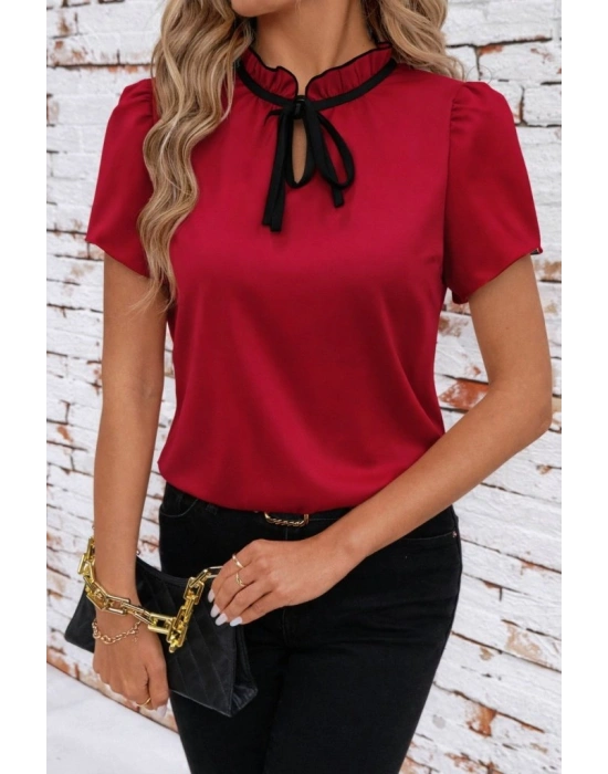 Kadın Kısa Kollu Yakası Fırfırlı Bağcıklı Janjan Krep Bluz