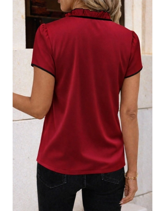 Kadın Kısa Kollu Yakası Fırfırlı Bağcıklı Janjan Krep Bluz