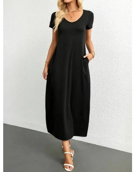 Kadın Kısa Kollu Yakası Yuvarlak Cepli Viskon Elbise