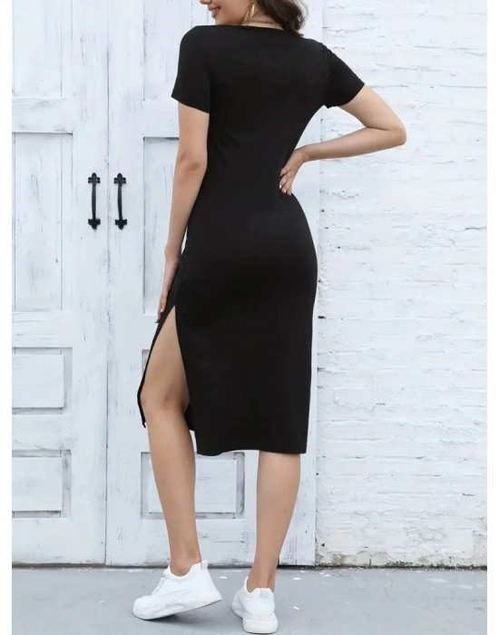 Kadın Kısa Kollu Yanı Yırtmaçlı Bisiklet Yaka Dizde Viskon Elbise