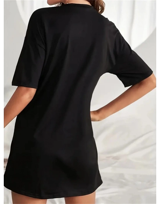 Kadın Kısa Kollu Yazı Baskılı Basic Mini Elbise