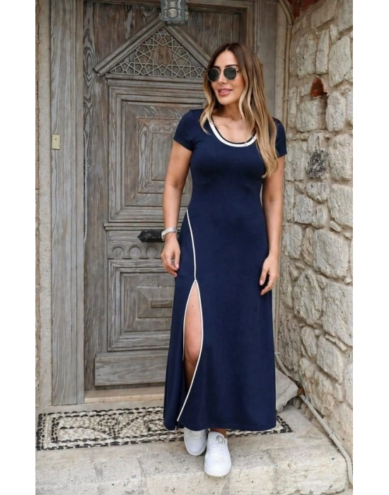 Kadın Kısa Kollu Yuvarlak Yaka Beyaz Yırtmaç Detaylı Viskon Tam Boy Elbise