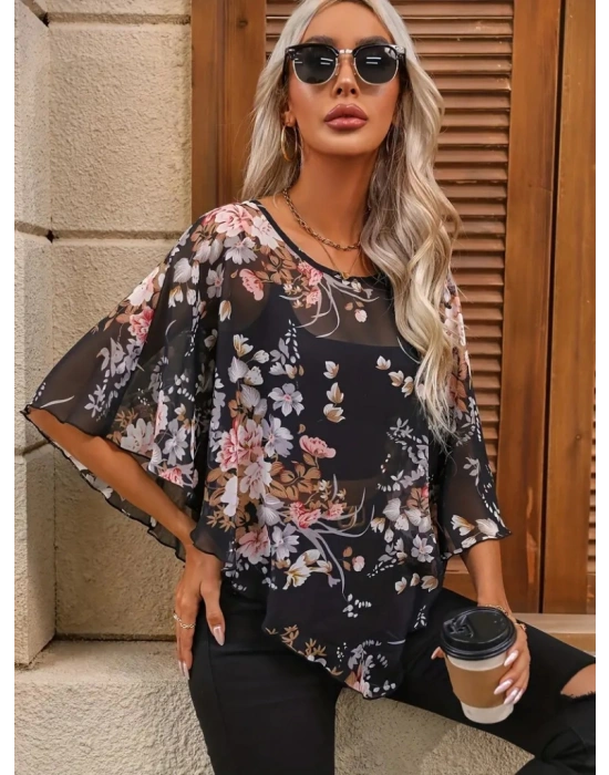 Kadın Kısa Kollu Yuvarlak Yaka çiçek Baskılı Asimetrik Kesim şifon Bluz