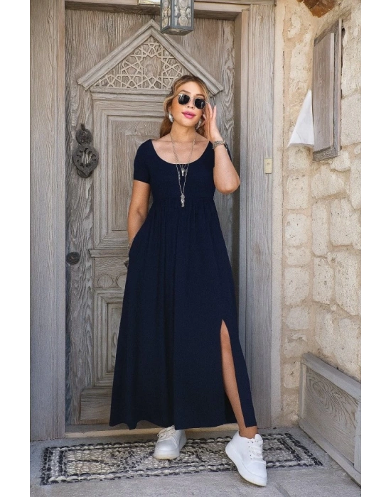 Kadın Kısa Kollu Yuvarlak Yaka önden Yırtmaçlı Cepli Viskon Uzun Elbise