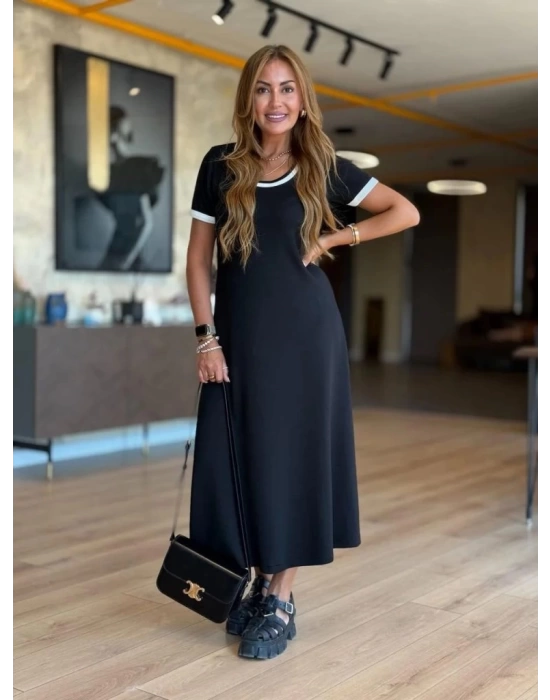 Kadın Kısa Kollu Yuvarlak Yaka Yandan Yırtmaçlı Midi Viskon Elbise
