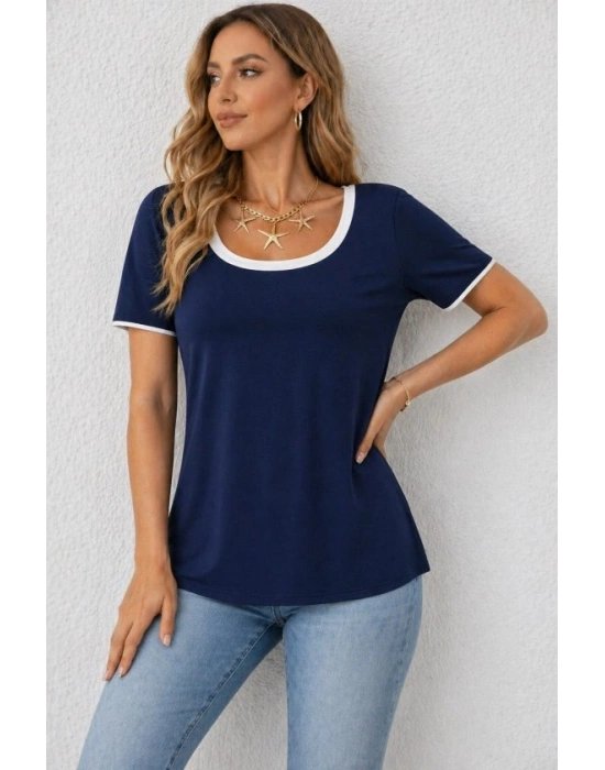 Kadın Kısa Kollu Yuvarlak Yakalı Beyaz şerit Detaylı Viskon Bluz