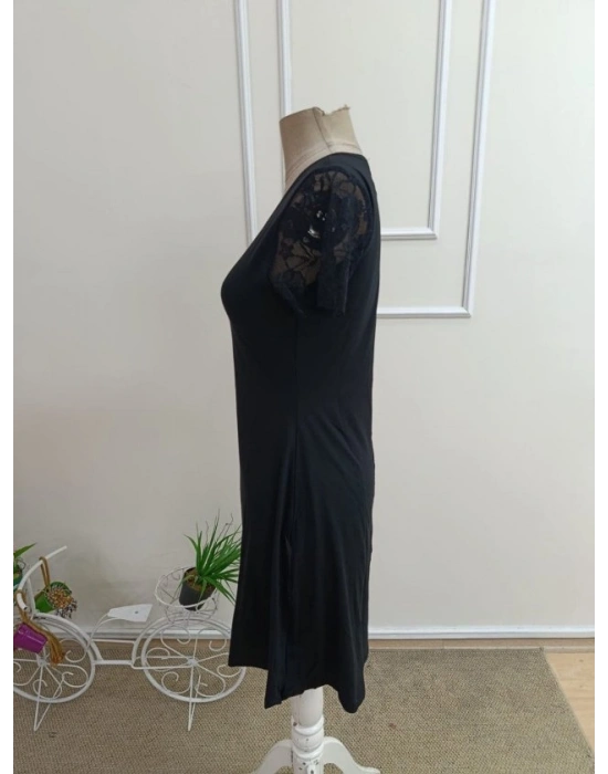 Kadın Kısa Kollu Yuvarlak Yakalı Kolu Dantelli Kısa Viıskon Elbise