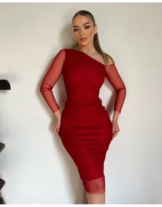 Kadın Kolları Tül Detay Omuz Dekolteli Diz üstü Kalem Elbise