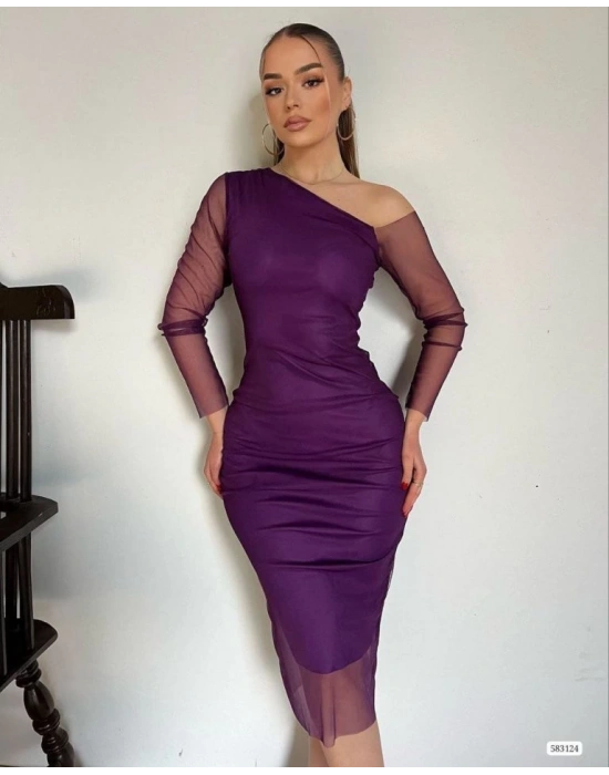 Kadın Kolları Tül Detay Omuz Dekolteli Diz üstü Kalem Elbise