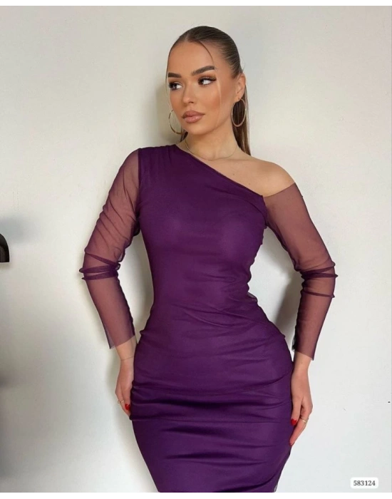 Kadın Kolları Tül Detay Omuz Dekolteli Diz üstü Kalem Elbise