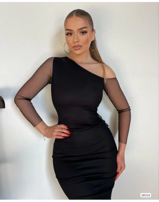 Kadın Kolları Tül Detay Omuz Dekolteli Diz üstü Kalem Elbise